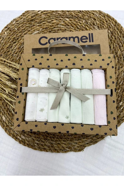 Caramell %100 Coton 7li Bebek Ağız Silme Mendili Minik Kuzu Desenli Organik // 1419 Yeşil - 2