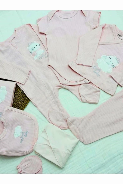 Bebitof My Baby Kumsal % 100 Coton 10 Lu Hastane Çıkışı Yeni Sevimli Kedi Desenli Pembe 10115 - 7