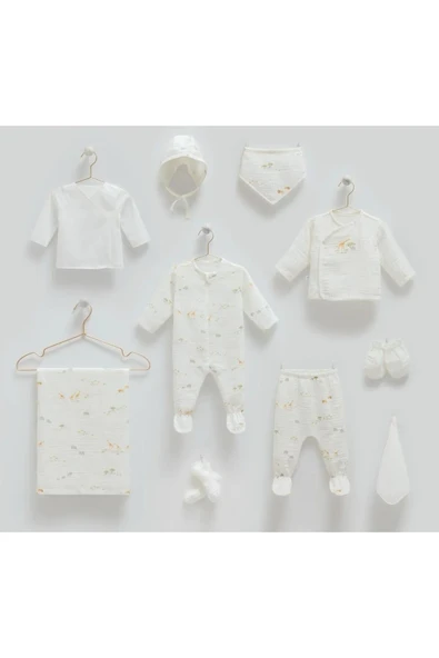 Caramell Hastane Çıkışı 10 Lu Yazlık Özel Üretim Safari (zürafa ) Desenli Müslin Mavi Ve Ekru// 2126 - 2