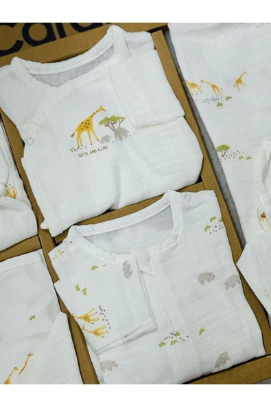 Caramell Hastane Çıkışı 10 Lu Yazlık Özel Üretim Safari (zürafa ) Desenli Müslin Mavi Ve Ekru// 2126 - 3