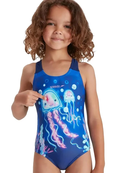 Speedo Deniz Anası Desenli Kız Çocuk Mayosu Mavi