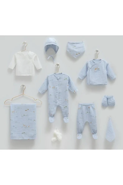 Caramell Hastane Çıkışı 10 Lu Yazlık Özel Üretim Safari (zürafa ) Desenli Müslin Mavi Ve Ekru// 2126 - 2