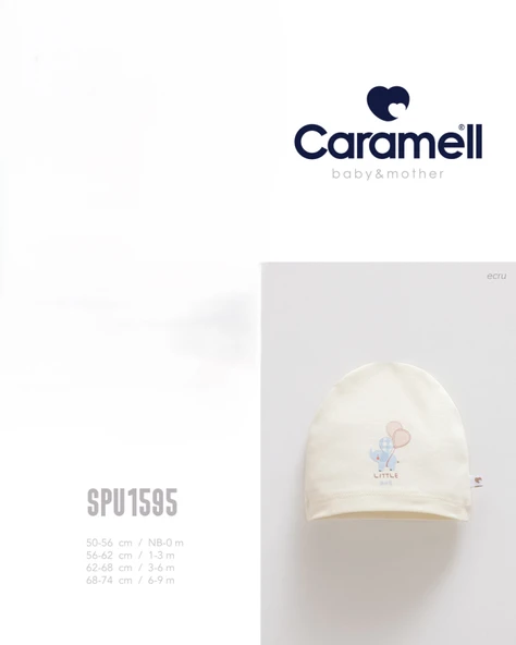 Caramell MY BABY KUMSAL SOFT COLOUR Ekru 56 cm  BALONLU FİL BASKILI BEBEK ŞAPKA/BERE //1595