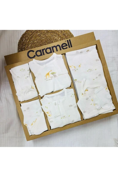 Caramell Hastane Çıkışı 10 Lu Yazlık Özel Üretim Safari (zürafa ) Desenli Müslin Mavi Ve Ekru// 2126