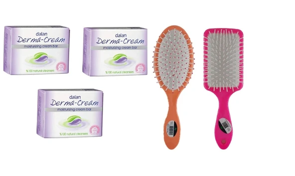 Dalan Derma Cream Nemlendirici Sabun 100gr x 3 Adet Saç Fön Fırçası Oval Saç Fırçası Tarak 1+1 Adet
