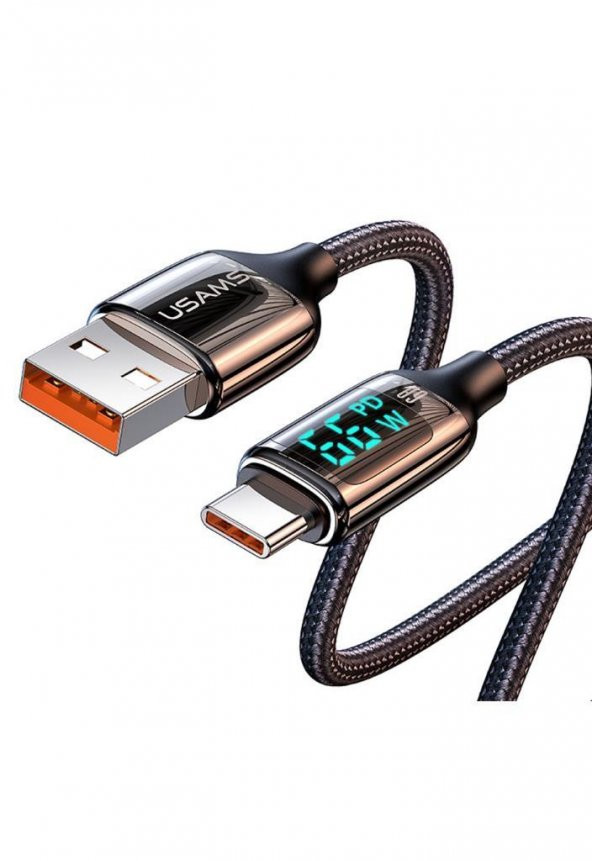 Usams US-SJ544 Dijital Göstergeli,Çipli,Örgülü,1.2m PD 66W USB to Type-C Hızlı Şarj ve Data Kablosu - 2