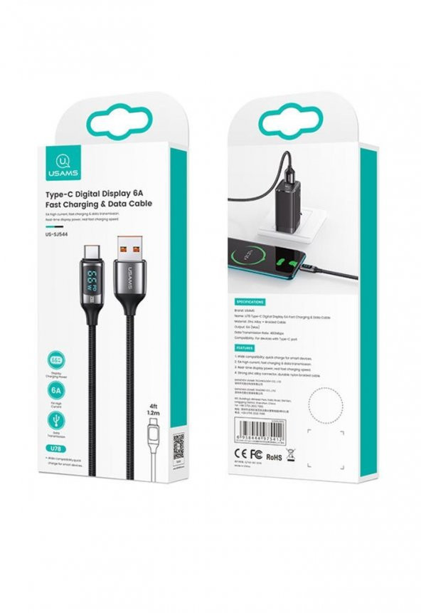 Usams US-SJ544 Dijital Göstergeli,Çipli,Örgülü,1.2m PD 66W USB to Type-C Hızlı Şarj ve Data Kablosu - 4