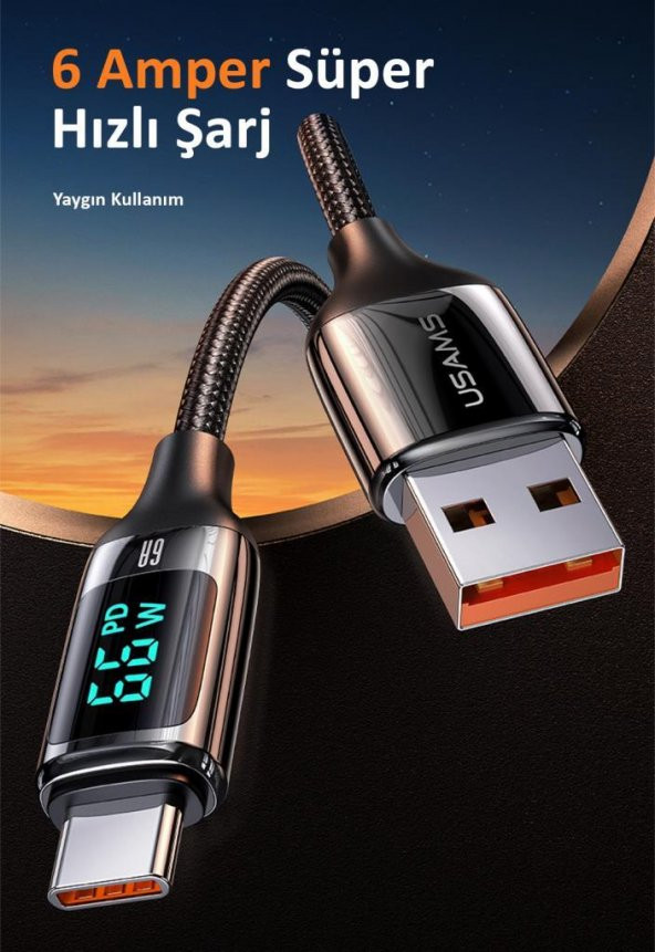 Usams US-SJ544 Dijital Göstergeli,Çipli,Örgülü,1.2m PD 66W USB to Type-C Hızlı Şarj ve Data Kablosu - 5