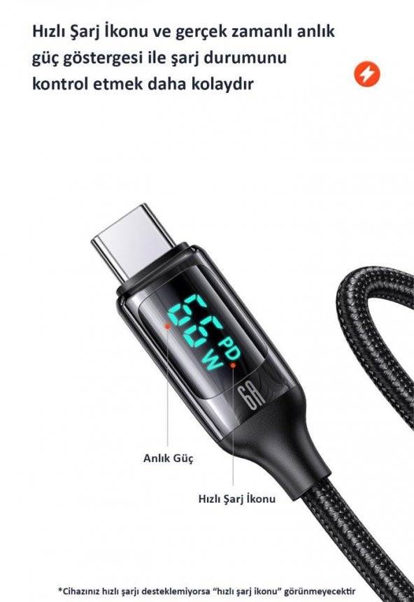 Usams US-SJ544 Dijital Göstergeli,Çipli,Örgülü,1.2m PD 66W USB to Type-C Hızlı Şarj ve Data Kablosu - 6