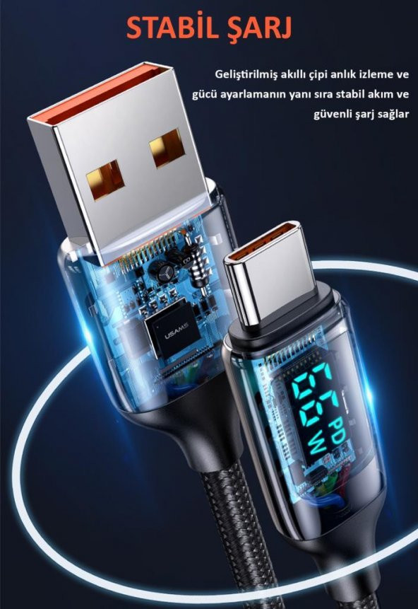 Usams US-SJ544 Dijital Göstergeli,Çipli,Örgülü,1.2m PD 66W USB to Type-C Hızlı Şarj ve Data Kablosu - 7