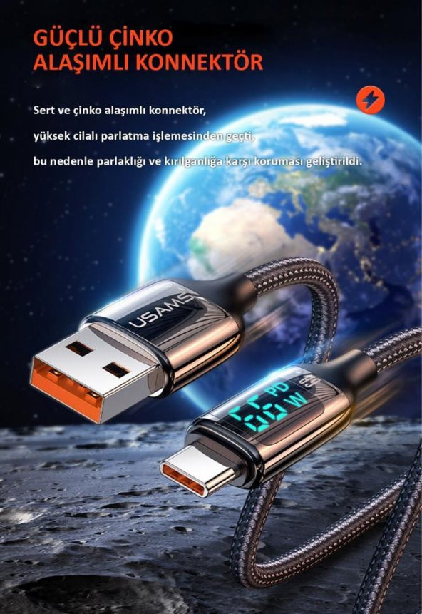 Usams US-SJ544 Dijital Göstergeli,Çipli,Örgülü,1.2m PD 66W USB to Type-C Hızlı Şarj ve Data Kablosu - 8