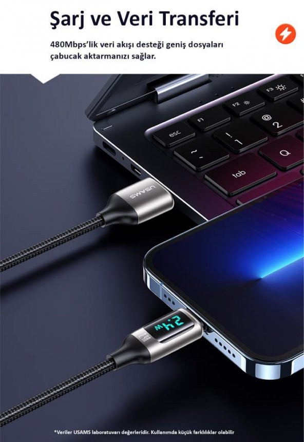 Usams US-SJ544 Dijital Göstergeli,Çipli,Örgülü,1.2m PD 66W USB to Type-C Hızlı Şarj ve Data Kablosu - 9
