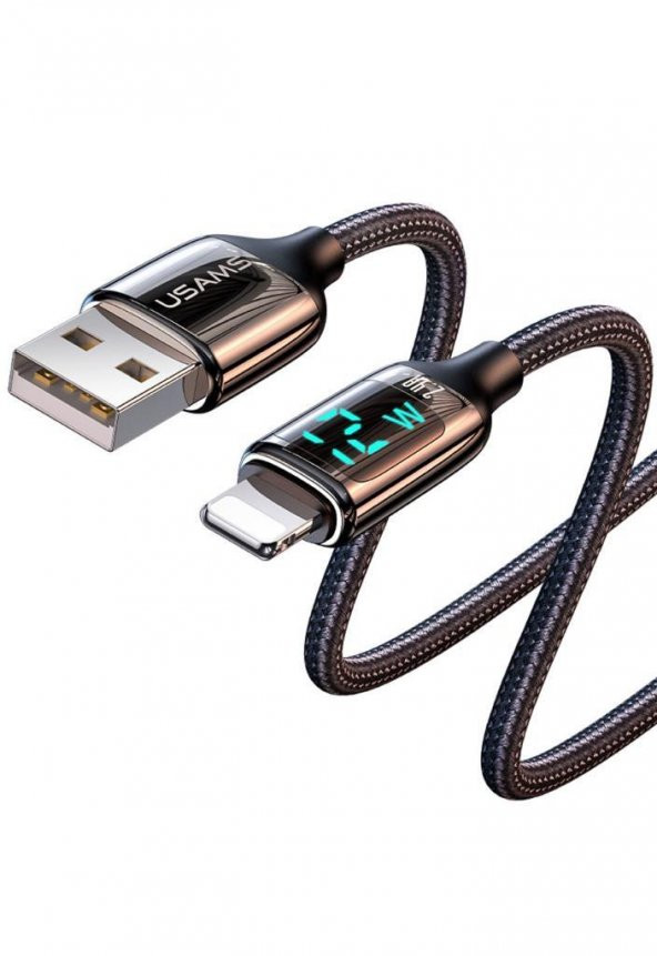 Usams US-SJ543 Dijital Göstergeli,Çipli,Örgülü, 1.2m 2.4A Lightning iPhone Şarj ve Data Kablosu - 2