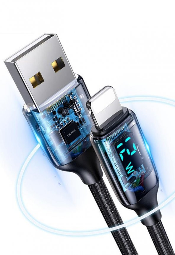 Usams US-SJ543 Dijital Göstergeli,Çipli,Örgülü, 1.2m 2.4A Lightning iPhone Şarj ve Data Kablosu - 3