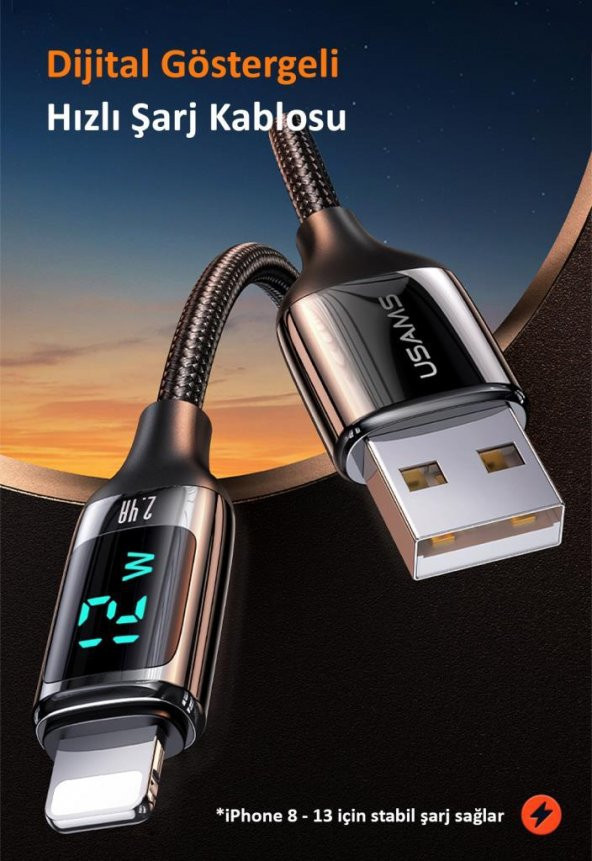 Usams US-SJ543 Dijital Göstergeli,Çipli,Örgülü, 1.2m 2.4A Lightning iPhone Şarj ve Data Kablosu - 5