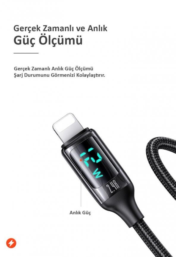 Usams US-SJ543 Dijital Göstergeli,Çipli,Örgülü, 1.2m 2.4A Lightning iPhone Şarj ve Data Kablosu - 7