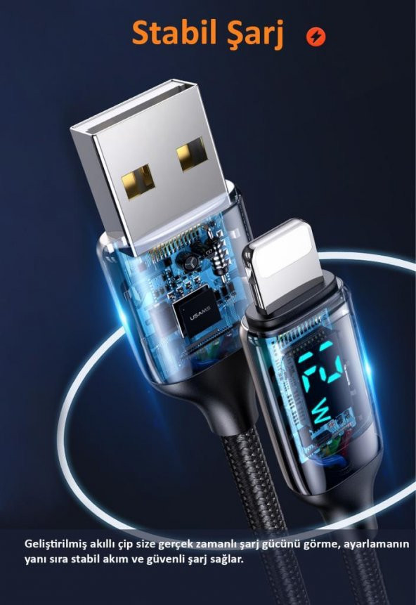 Usams US-SJ543 Dijital Göstergeli,Çipli,Örgülü, 1.2m 2.4A Lightning iPhone Şarj ve Data Kablosu - 8