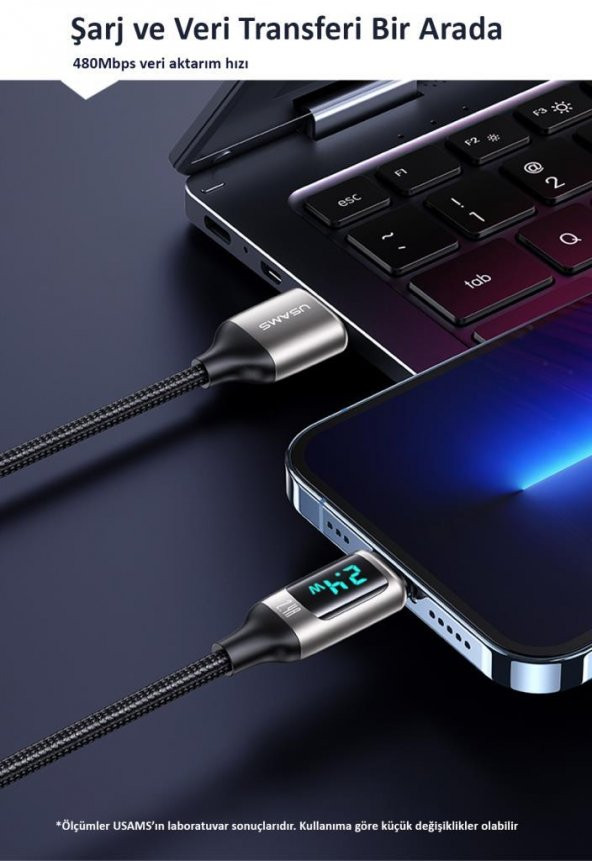 Usams US-SJ543 Dijital Göstergeli,Çipli,Örgülü, 1.2m 2.4A Lightning iPhone Şarj ve Data Kablosu - 10