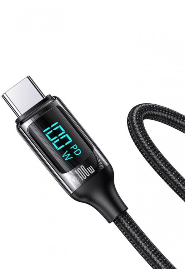 Usams US-SJ546 Dijital Göstergeli Çipli, Örgülü, 1.2m  PD 100W Type-C Hızlı Şarj ve Data Kablosu - 2