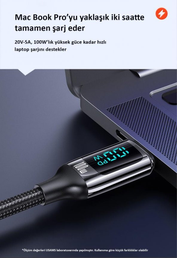 Usams US-SJ546 Dijital Göstergeli Çipli, Örgülü, 1.2m  PD 100W Type-C Hızlı Şarj ve Data Kablosu - 7