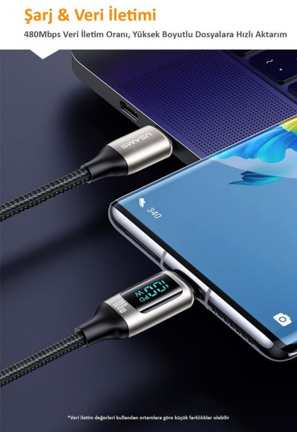 Usams US-SJ546 Dijital Göstergeli Çipli, Örgülü, 1.2m  PD 100W Type-C Hızlı Şarj ve Data Kablosu - 9