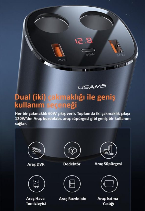 Usams Us-Cc151 Dijital Göstergeli 2X30w Usb+1X65w Pd+2X60w Çakmaklık 245W Araç Hızlı Şarj Organizeri - 7