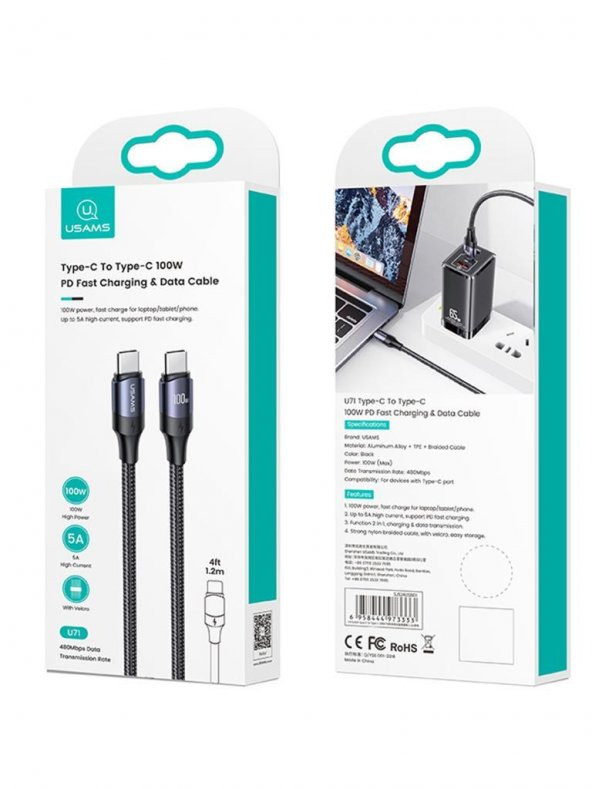 Usams Us-Sj524 Örgülü 1.2M Type-C To Type-C 100W Pd Hızlı Şarj Ve Data Kablosu - 5