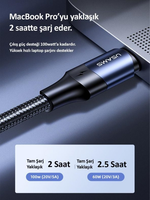 Usams Us-Sj524 Örgülü 1.2M Type-C To Type-C 100W Pd Hızlı Şarj Ve Data Kablosu - 8