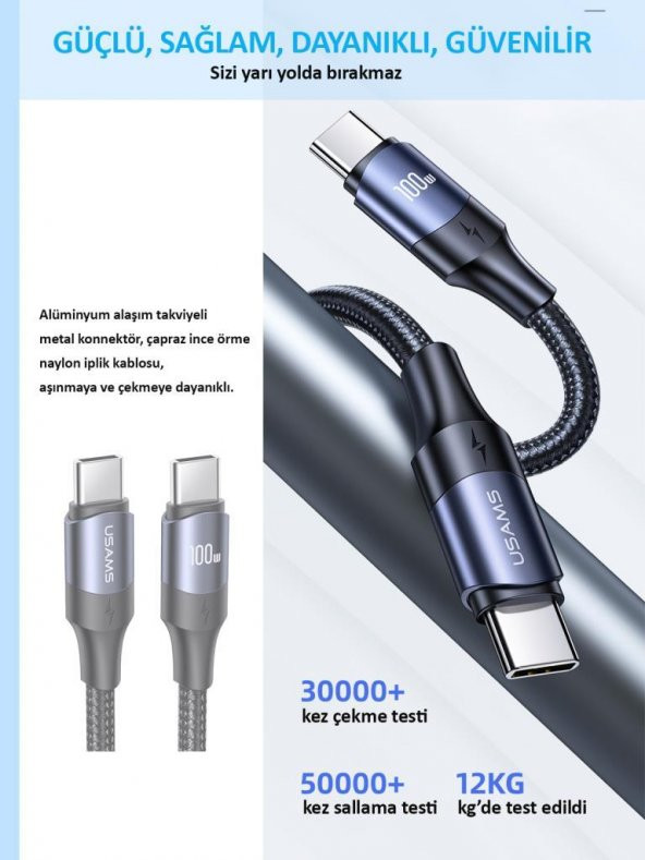 Usams Us-Sj524 Örgülü 1.2M Type-C To Type-C 100W Pd Hızlı Şarj Ve Data Kablosu - 11