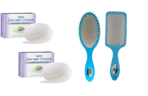 Dalan Derma Cream Nemlendirici Sabun 100gr x 2Adet Saç Fön Renkli Oval Fırçası Tarak 1 + 1 Adet