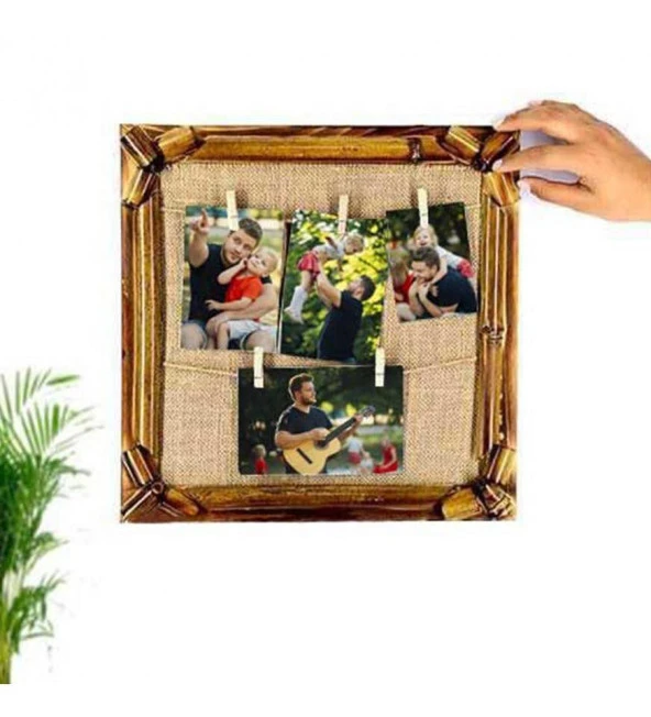 Kişiye Özel Fotoğraf 4 Foto Baskılı Bambu İpli Ahşap Duvar Fotoğraf Çerçevesi