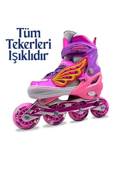 Işıklı Çocuk Pateni Melek Kanatlı Ayarlanabilir Paten 30-33 Beden Pembe Çantalı Can Sports - 2