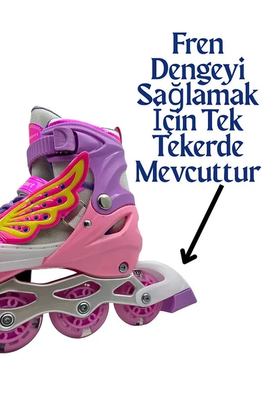 Işıklı Çocuk Pateni Melek Kanatlı Ayarlanabilir Paten 30-33 Beden Pembe Çantalı Can Sports - 5