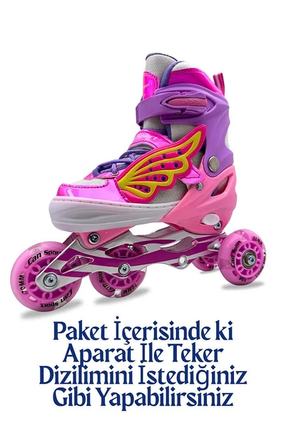 Işıklı Çocuk Pateni Melek Kanatlı Ayarlanabilir Paten 30-33 Beden Pembe Çantalı Can Sports - 3