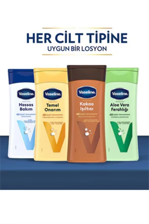Vaseline Vücut Losyonu 4'lü Set – 4 x 200 ml | Aloe Vera, Kakao, Hassas Bakım, Temel Onarım | Tüm Cilt Tipleri İçin Nemlendirici Set ürün görseli 1
