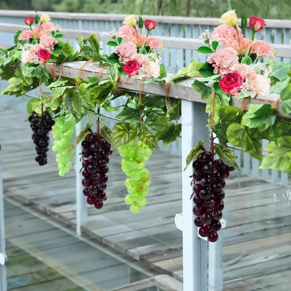 Nettenevime 3lü Set Yapay Meyve Kırmızı Siyah Yeşil Üzüm Süs Dekoratif Meyve 15CM - 4