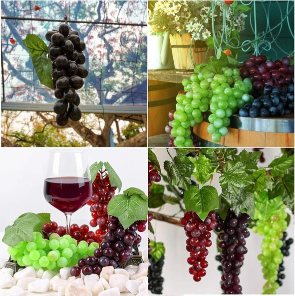 Nettenevime 3lü Set Yapay Meyve Kırmızı Siyah Yeşil Üzüm Süs Dekoratif Meyve 15CM - 6