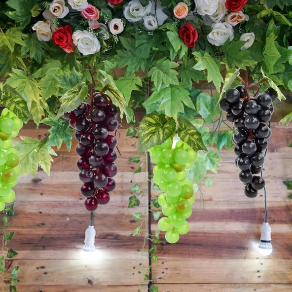 Nettenevime 3lü Set Yapay Meyve Kırmızı Siyah Yeşil Üzüm Süs Dekoratif Meyve 15CM - 3