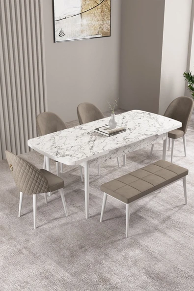 Milas Beyaz Mermer 80x132 Açılabilir Mdf Masa Yemek Odası Takımı, Mutfak Takımı 4 Sandalye, 1 Bench Cappuccino - 2