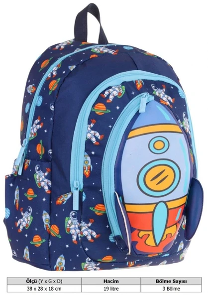 Kaukko Kids Üç Gözlü (Erkek Çocuk) Okul Sırt Çantası (Roket Detaylı) - L5260 - Resim 4