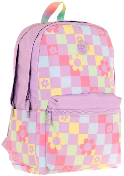 Kaukko Nature Kız Çocuk Üç Bölmeli Mor Pembe Papatya ve Kare Desenli Okul Sırt Çantası - K1786 ürün görseli