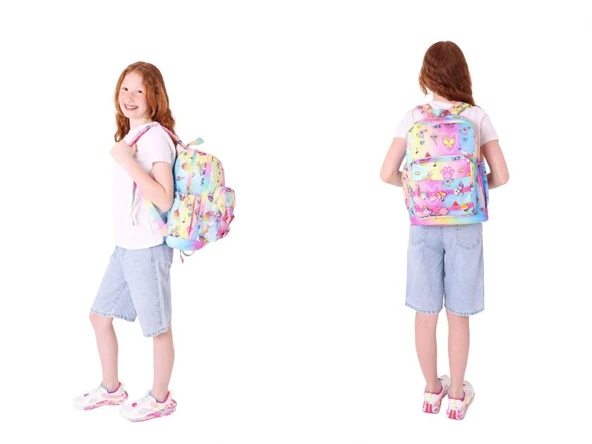 Kaukko Kids Dört Bölmeli Sırt Çantası ve Isı Yalıtımlı Beslenme Çantası Seti - Kız Çocuk - Mavi Sarı - Resim 3