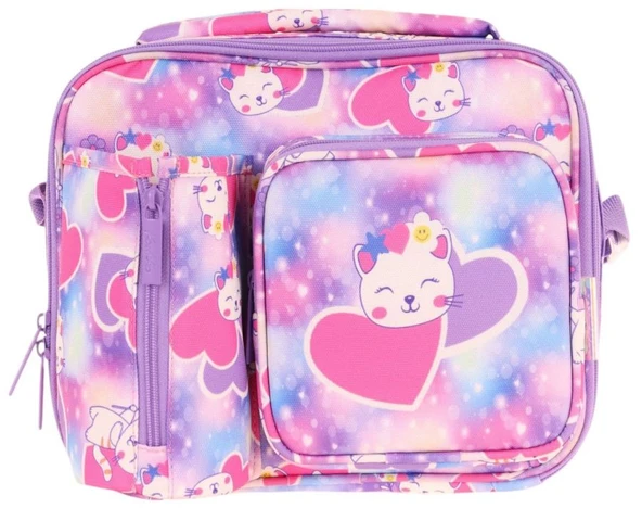 Kaukko Kız Çocuk, Lila Pembe, Kalpli Kedi Baskılı Isı Yalıtımlı Üç Bölmeli (Matara Cepli) Okul Beslenme Çantası L7219 - 2