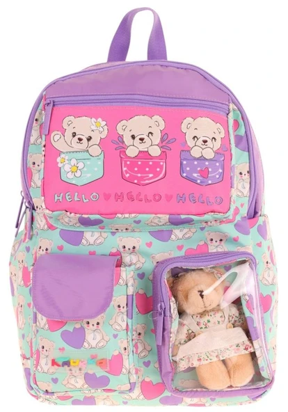 Kaukko Kız Çocuk Peluş Ayıcıklı İlkokul Okul Sırt Çantası - Yeşil Mor - L5239 - Resim 2