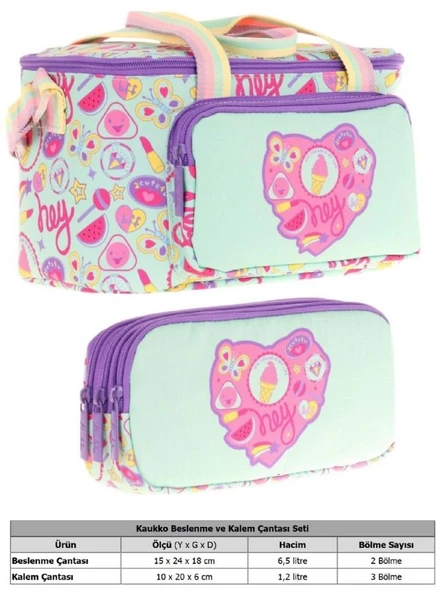 Kaukko (L7230+L8230) Beslenme Çantası (Isı Yalıtımlı) ve Kalem Çantası (Üç Bölme) Seti - Kız Çocuk - Yeşil Mor Kalp Desenli - Resim 2