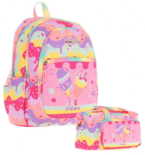 Kaukko Kids Kız Çocuk Okul Çantası ve Isı Yalıtımlı Beslenme Çantası Seti (L5232+L7232) Dondurma Baskılı - Pembe Sarı ürün görseli