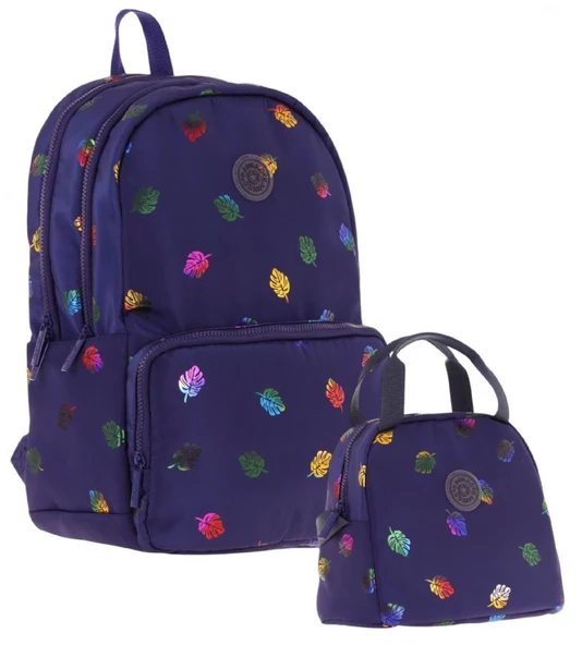 Kaukko Shine Yaprak Desenli Lacivert Kız Çocuk Okul Sırt Çantası ve Beslenme Çantası Seti ürün görseli