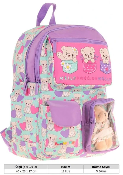 Kaukko Kız Çocuk Peluş Ayıcıklı İlkokul Okul Sırt Çantası - Yeşil Mor - L5239 - Resim 4