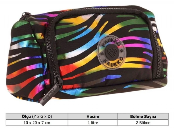 Kaukko Plump İki Bölmeli Siyah Çok Renkli Zebra Desenli Kız Çocuk Kalem Çantası/Kalemlik - K2691 - Resim 3