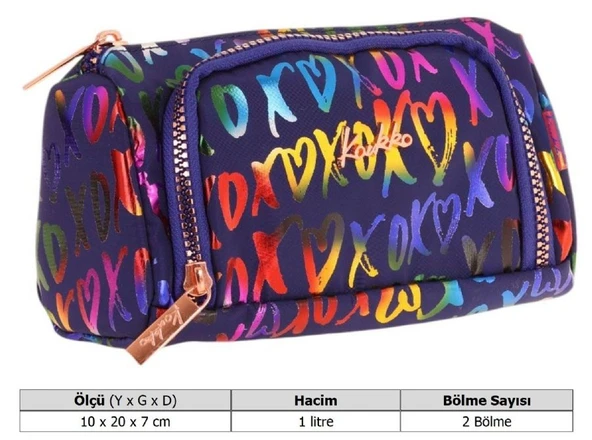 Kaukko Plump İki Bölmeli Lacivert XOXO Desenli Kız Çocuk Kalem Çantası/Kalemlik - K2690 - Resim 3